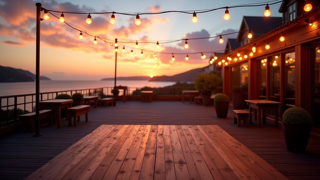 Coastal town promenade with strings of lights and dance floor setup overlooking the ocean at sunset