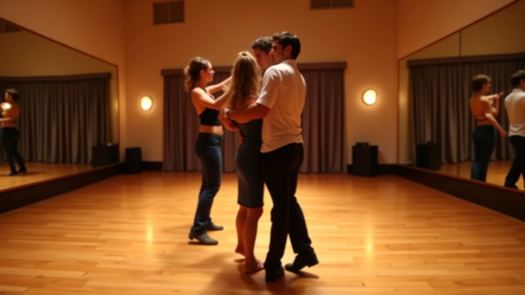 Dance studio interior with wooden floor and mirror wall, couples practicing bachata steps together
