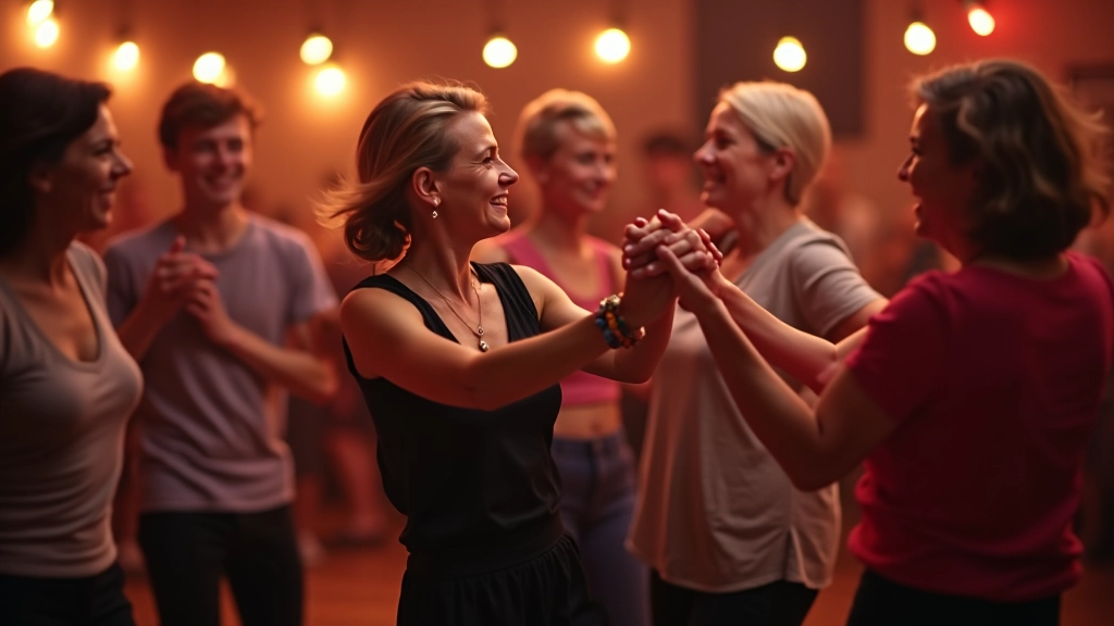 Group of mature adults dancing salsa together in a vibrant social setting