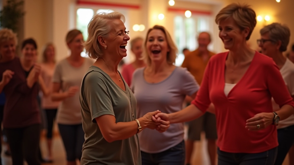 People aged 45 and over dancing salsa together in a warm, welcoming studio environment