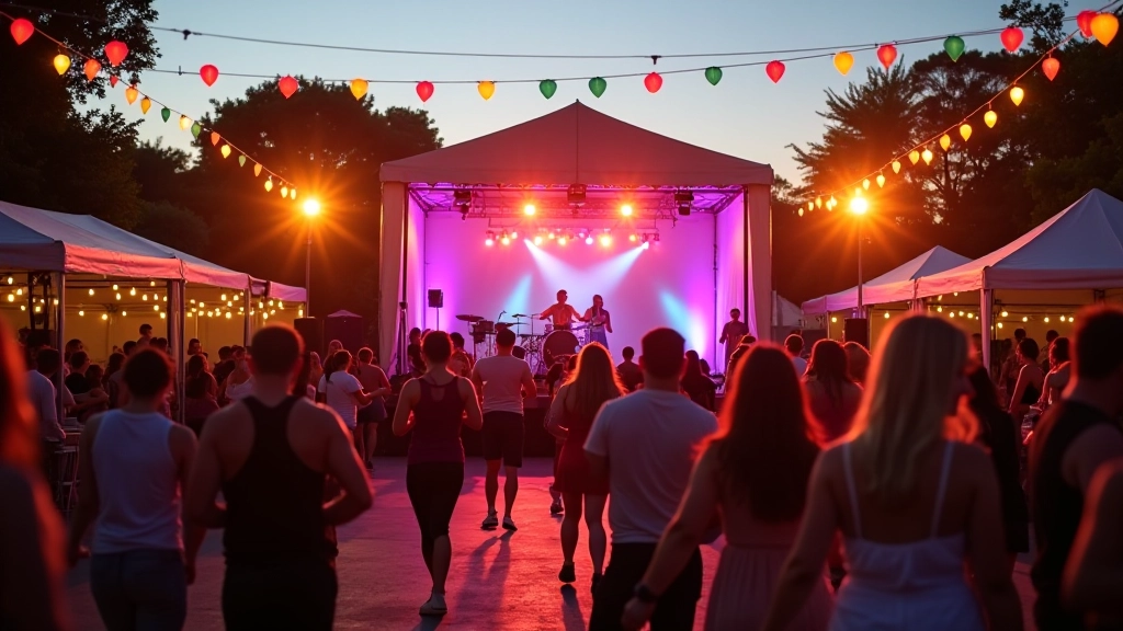 Latin dance festival with decorations, music stage, and festive atmosphere