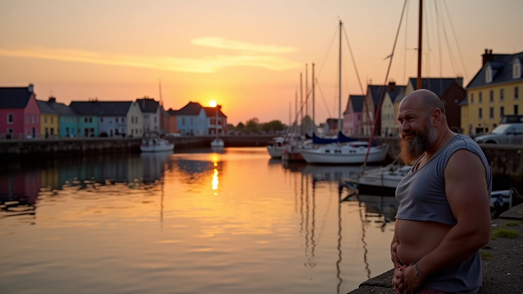 Galway harbor at sunset with colorful buildings reflecting in water, coastal Irish scenery