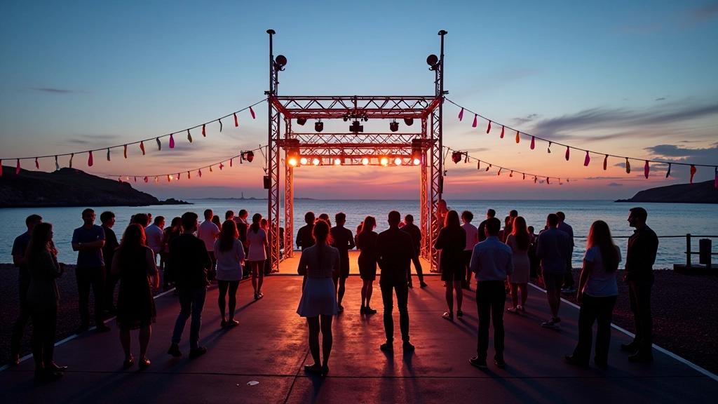 Galway waterfront promenade at dusk with decorated stage and festival banners visible