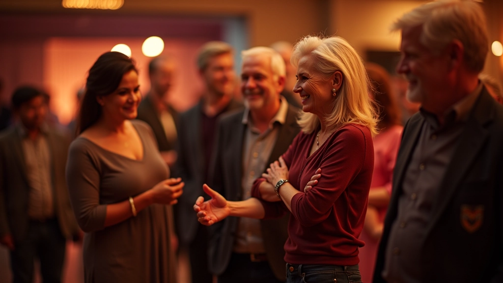 Group of mature dancers in casual clothing having a conversation at a social dance event