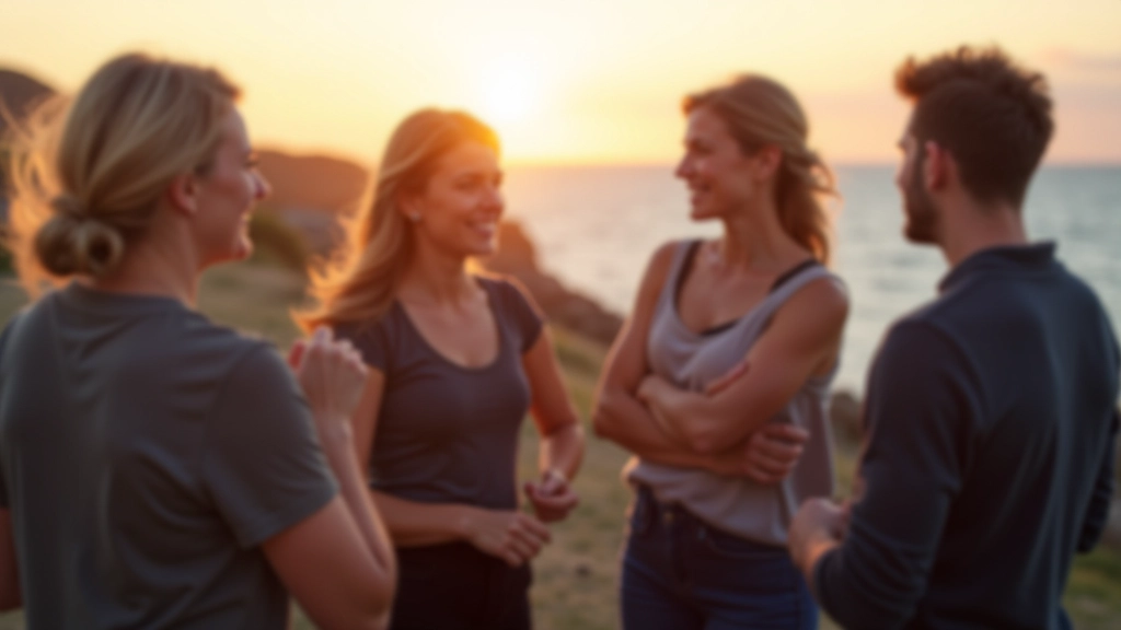 Group of dancers socializing during a break at outdoor festival venue with ocean view