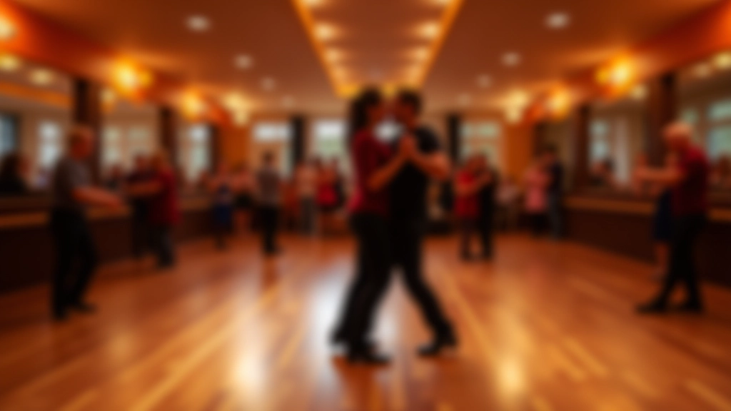 Indoor dance hall with wooden floors, warm lighting, and people dancing together in a spacious venue