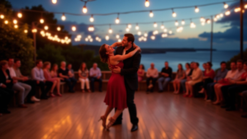 Dancers performing salsa on outdoor wooden floor with spectators seated around the perimeter under evening sky
