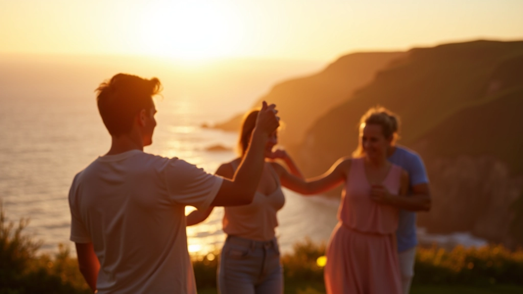 Outdoor summer dance festival along coastal scenery with people dancing