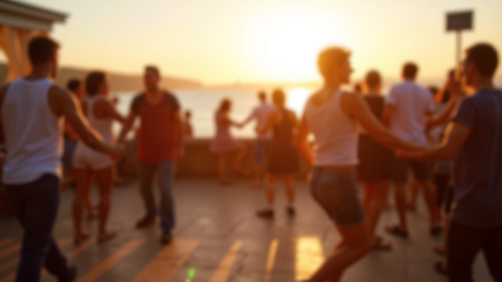 Outdoor summer dance festival scene with people enjoying music and movement