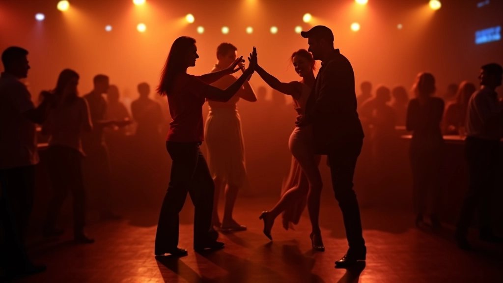 Vibrant salsa dance floor in Dublin city center venue with dancers in motion under warm lighting