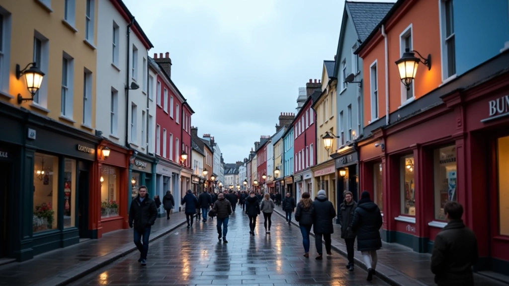 Wexford town center street view with historic architecture and colorful storefronts, evening light