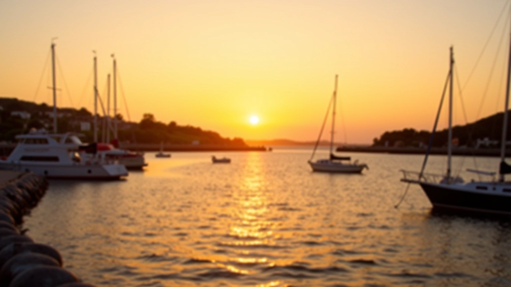 Sunset over Wexford waterfront with sailboats in harbor and golden light reflecting on water
